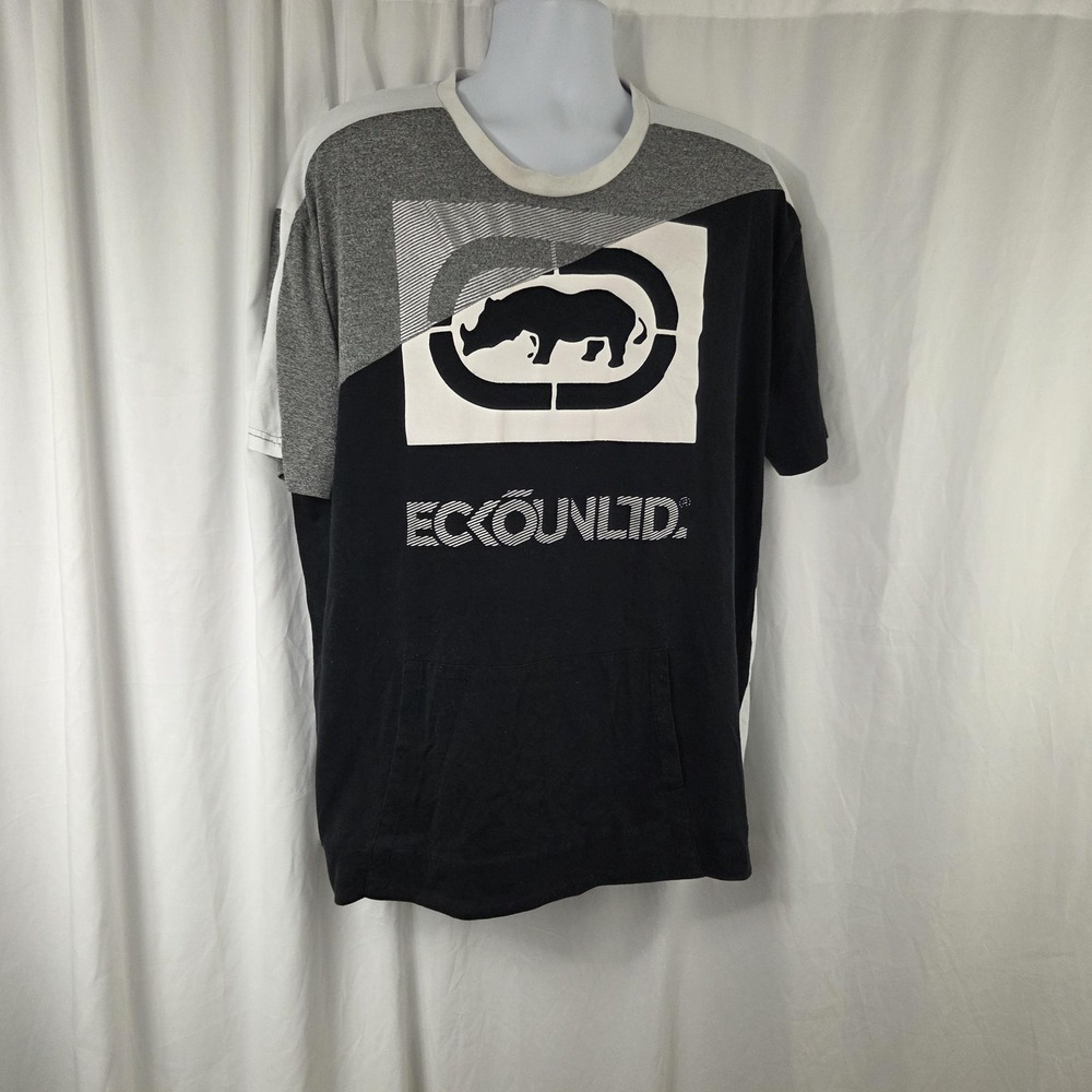 Ecko Unltd Shirt Mens 2XL Black Colorblock Rhino Logo Raw Uncut Tee Top